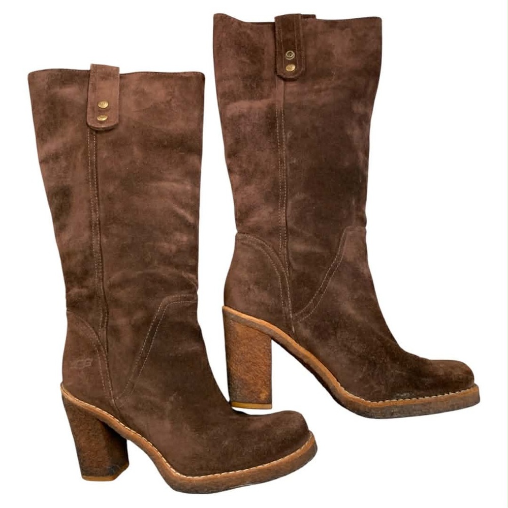 UGG Chocolate Suede Heeled Boots S7